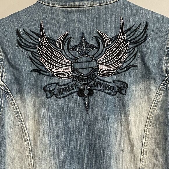 Harley-Davidson Jacket Denim Full Zip‎ Embroidered Womens M - Picture 3 of 11